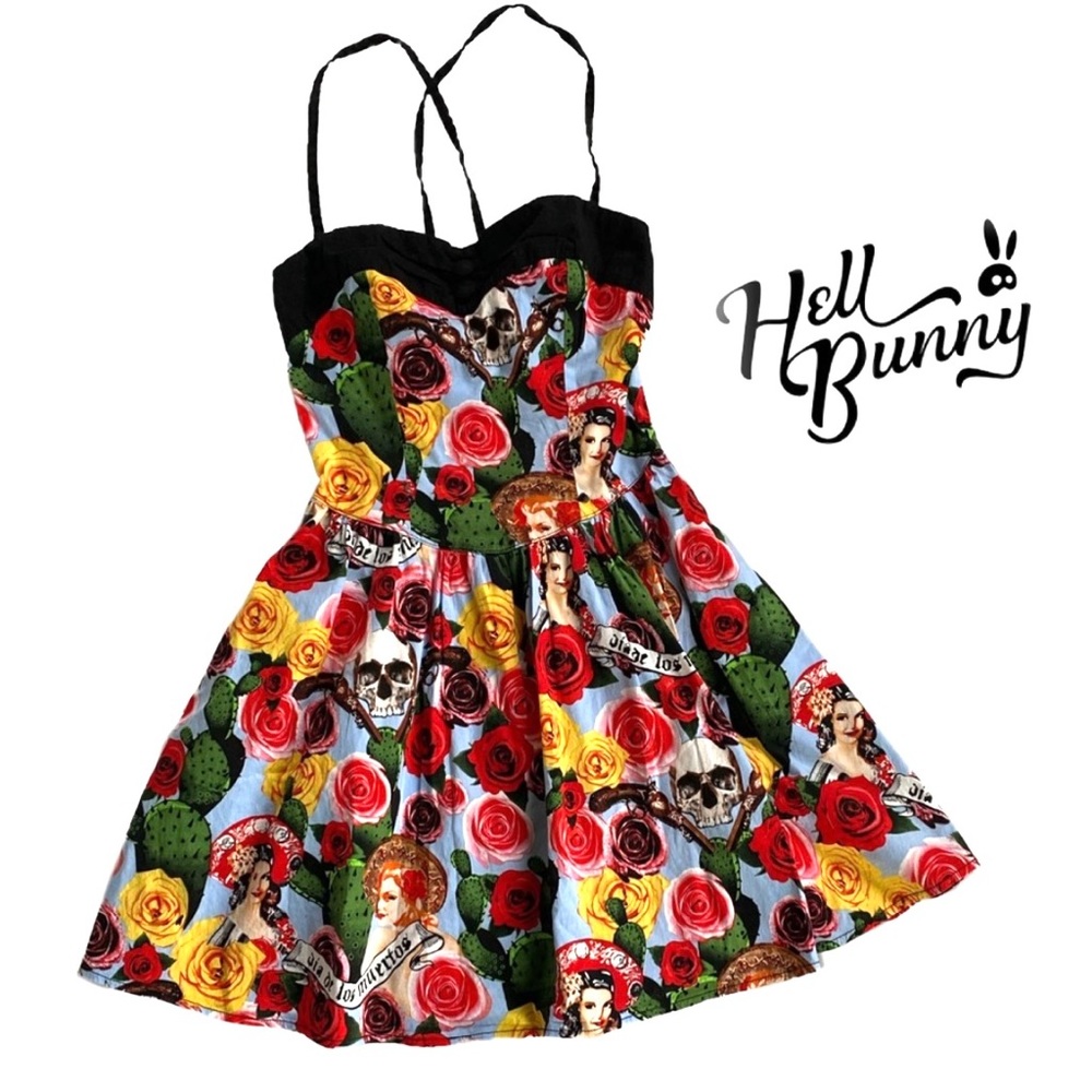 HELL BUNNY CANCUN DIA DE LOS MUERTOS MINI DRESS CACTUS SKULLS MEXICO L